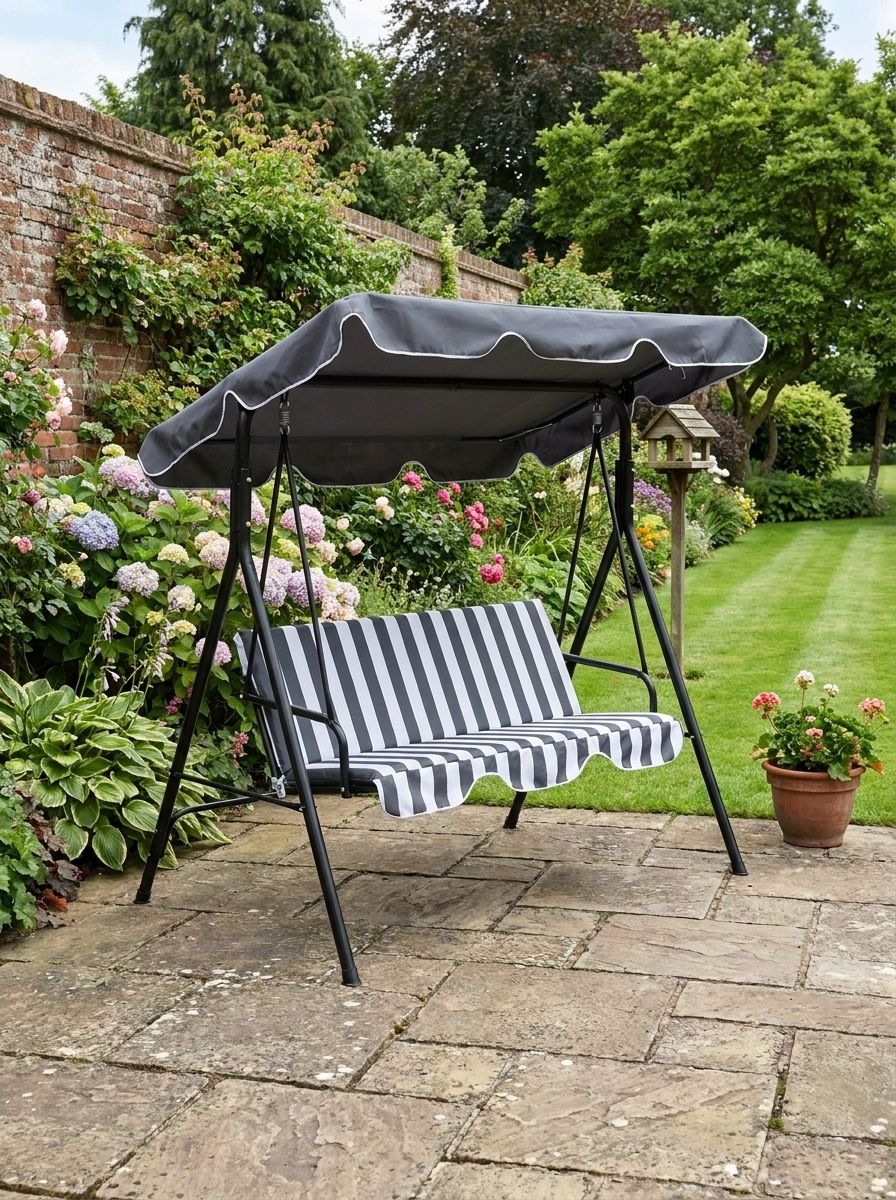 Grey Striped 3-Seater Garden Swing Hammock with Adjustable Canopy