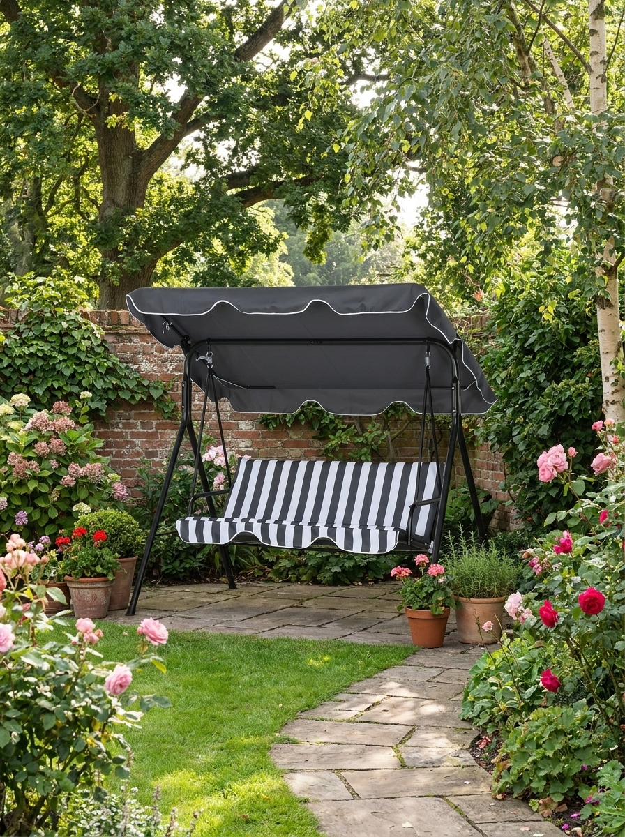 Grey Striped 3-Seater Garden Swing Hammock with Adjustable Canopy