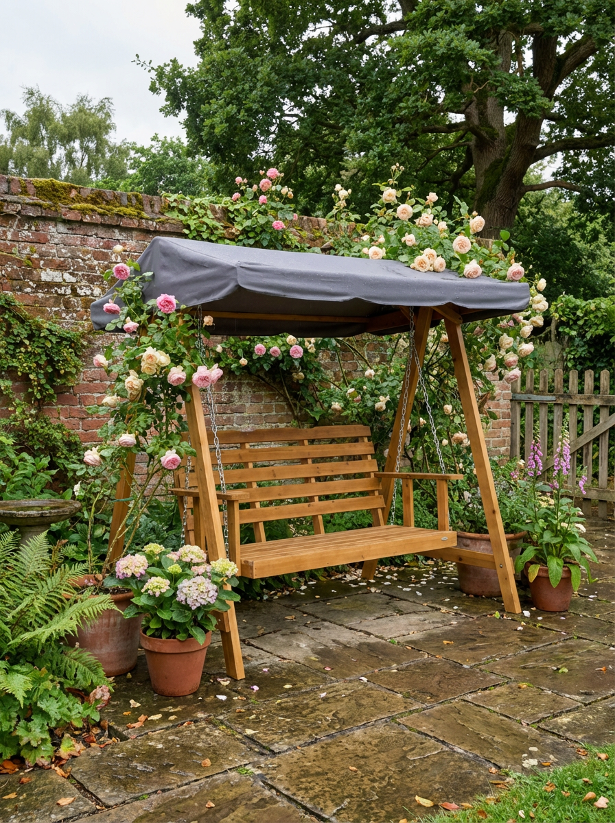 3 Seater Wooden Swing Bench With Adjustable Canopy