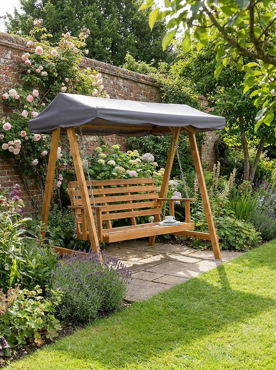 3 Seater Wooden Swing Bench With Adjustable Canopy