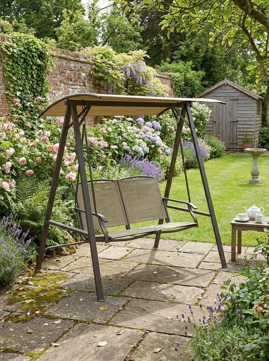 Brown 2 Seater Garden Swing Chair With Metal Frame