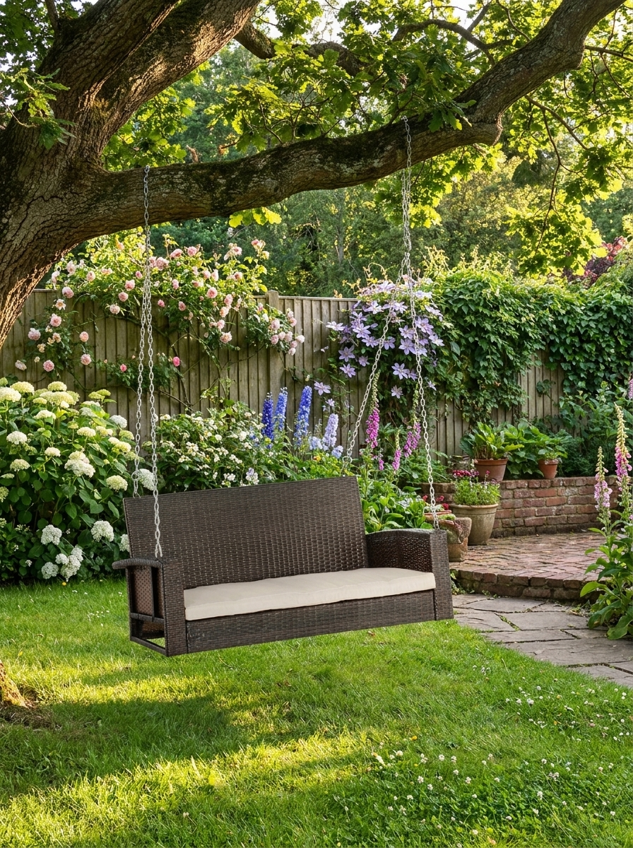 2 Seater Brown Rattan Garden Swing Bench
