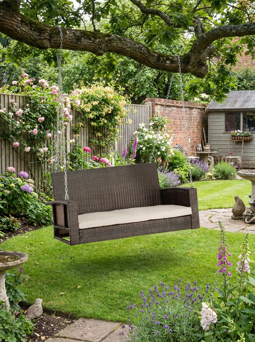 2 Seater Brown Rattan Garden Swing Bench