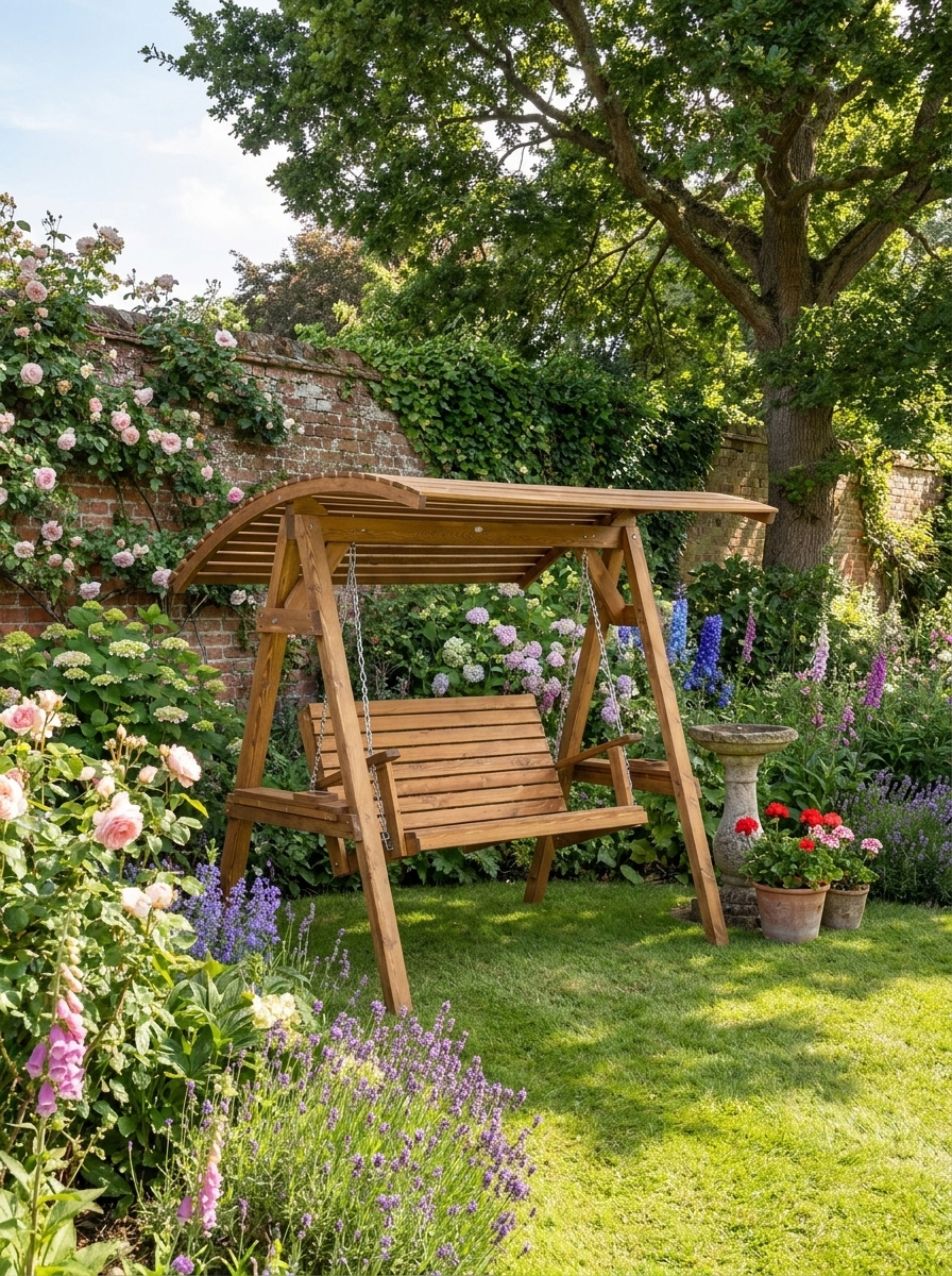 2 Seater Wooden Swing Bench With Adjustable Canopy