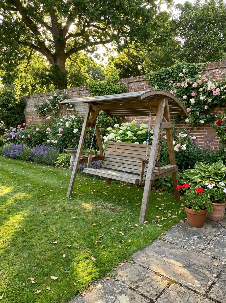2 Seater Wooden Swing Bench With Adjustable Canopy