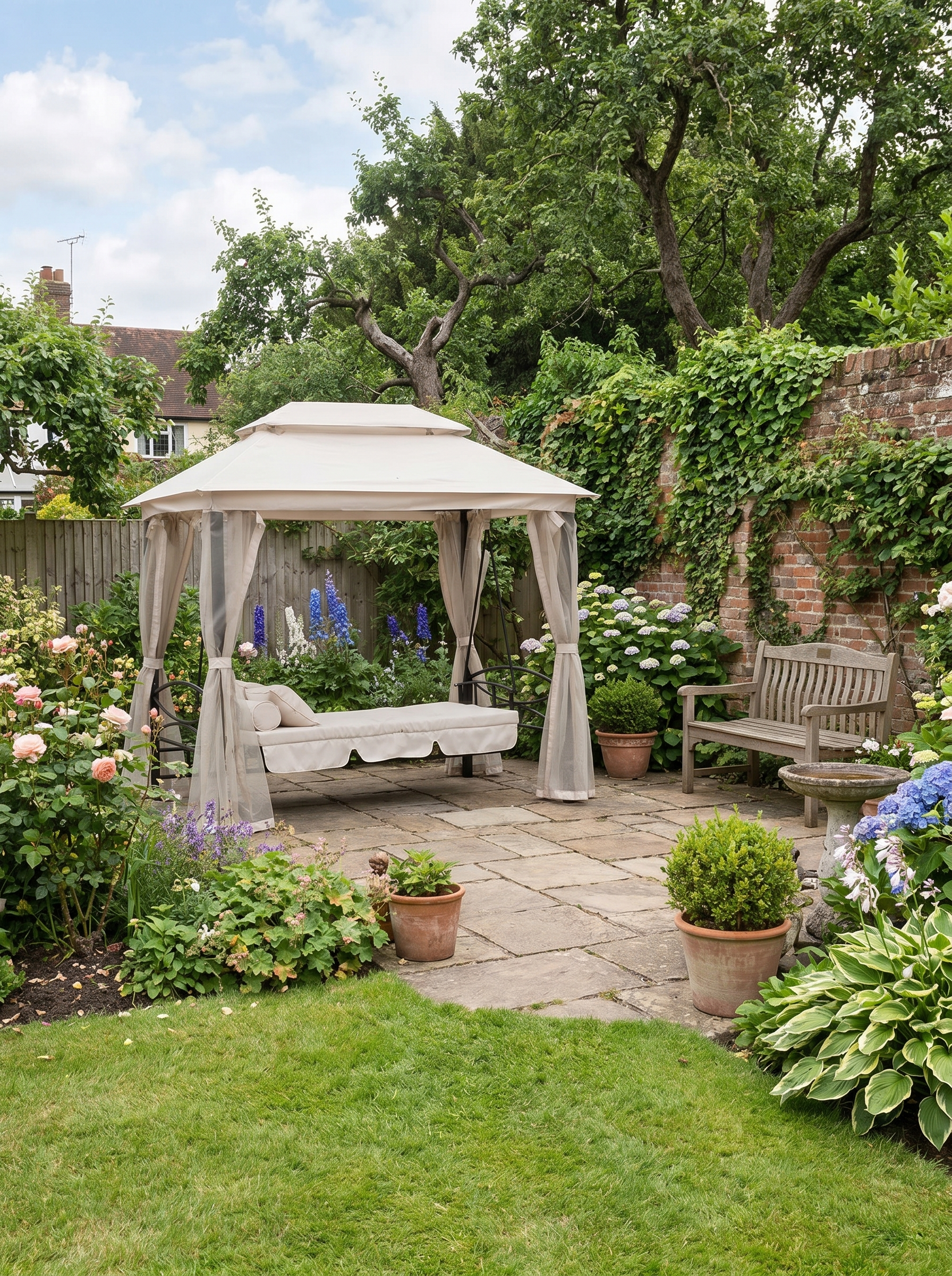 Convertible Gazebo Swing Chair Bed with Netting - Beige/Black