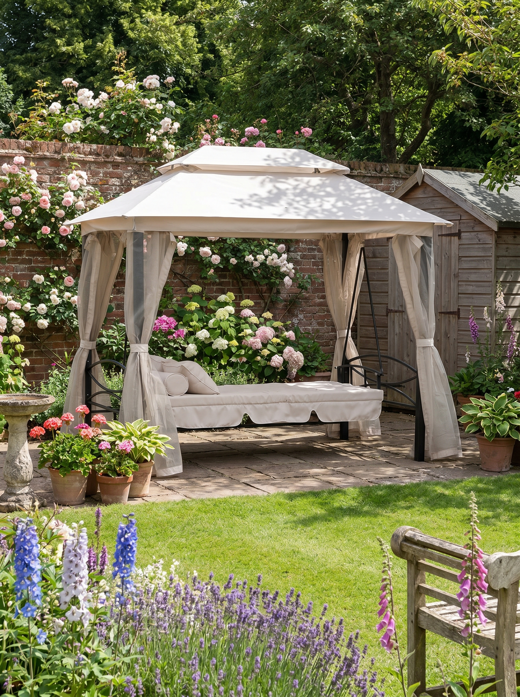 Convertible Gazebo Swing Chair Bed with Netting - Beige/Black