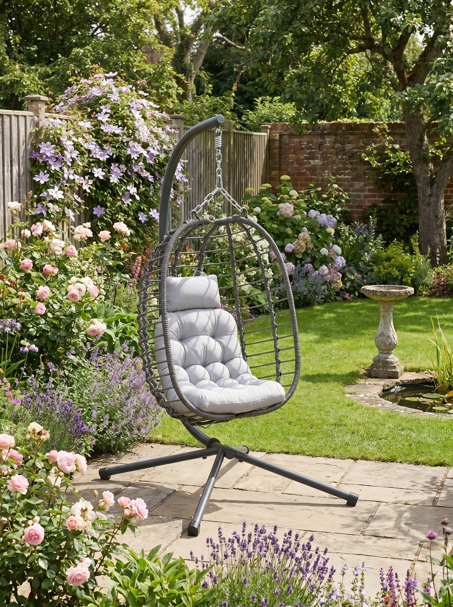 Light Grey Rattan Hanging Egg Chair with Cushion, Adjustable Height, Steel Frame for Indoor Outdoor