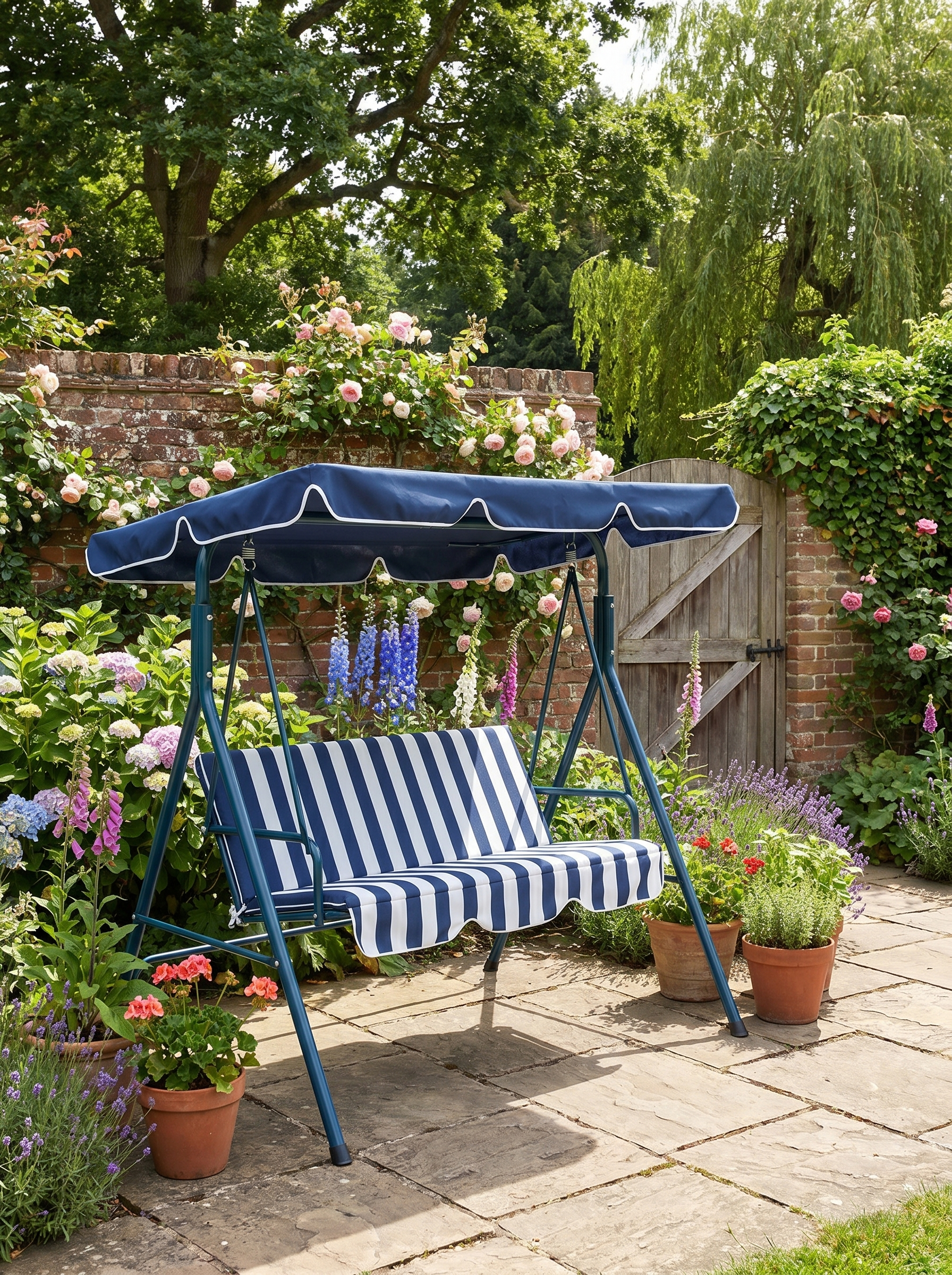 Blue Striped 3-Seater Garden Swing Chair with Adjustable Canopy