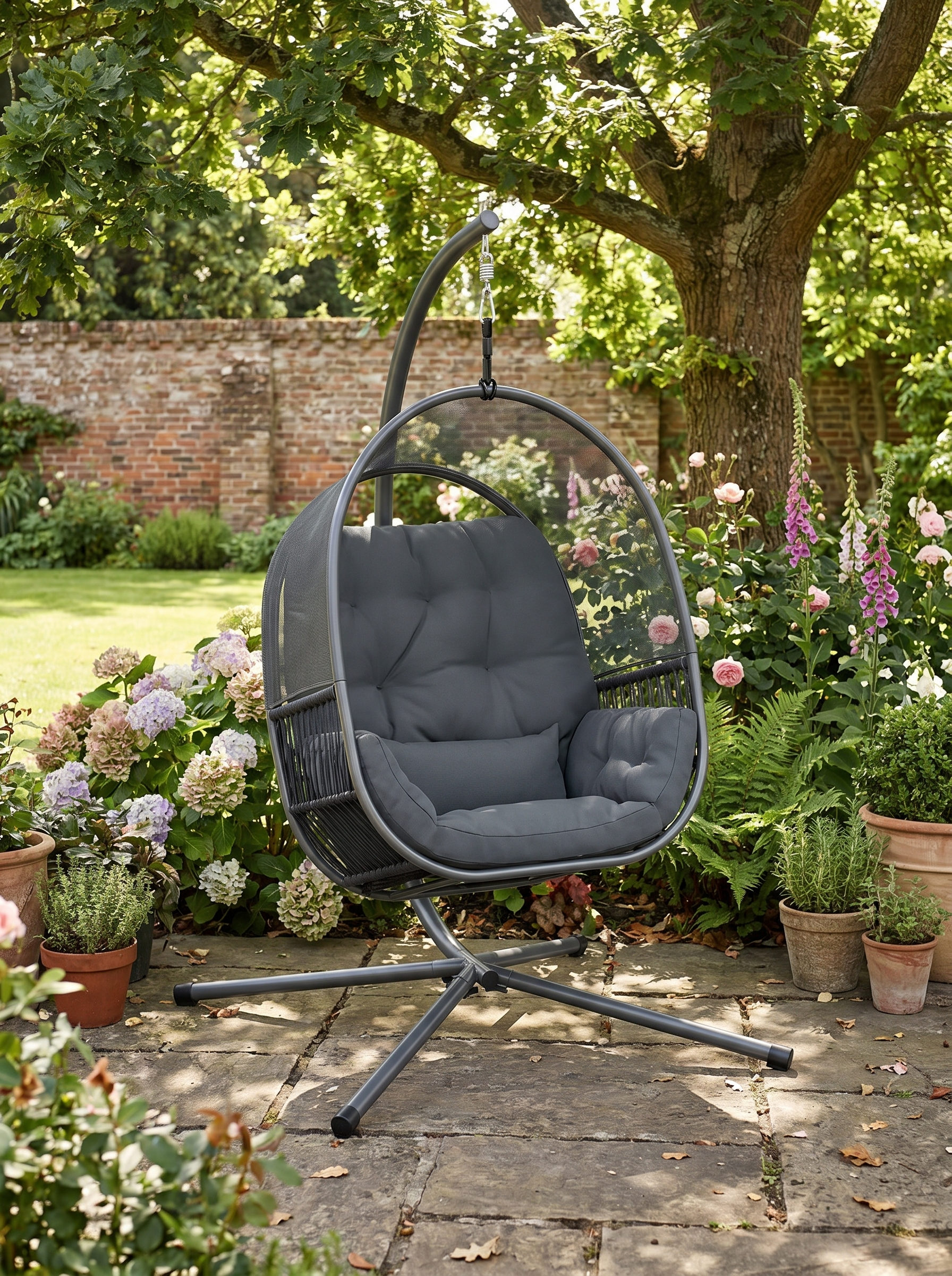 Hanging Egg Chair with Stand - Indoor Outdoor Swing Hammock, Cushions, Adjustable Height, Dark Grey
