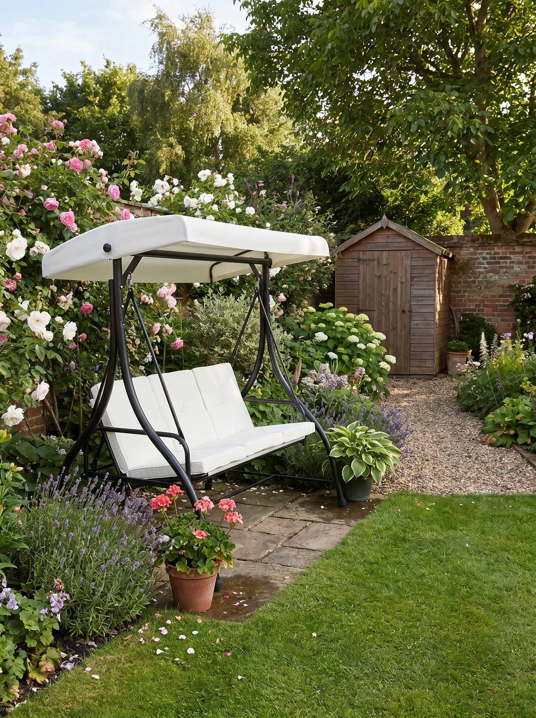 3 Seater Cream White Canopy Swing Chair - 2 in 1 Garden Swing Seat Bed with Adjustable Canopy and Metal Frame