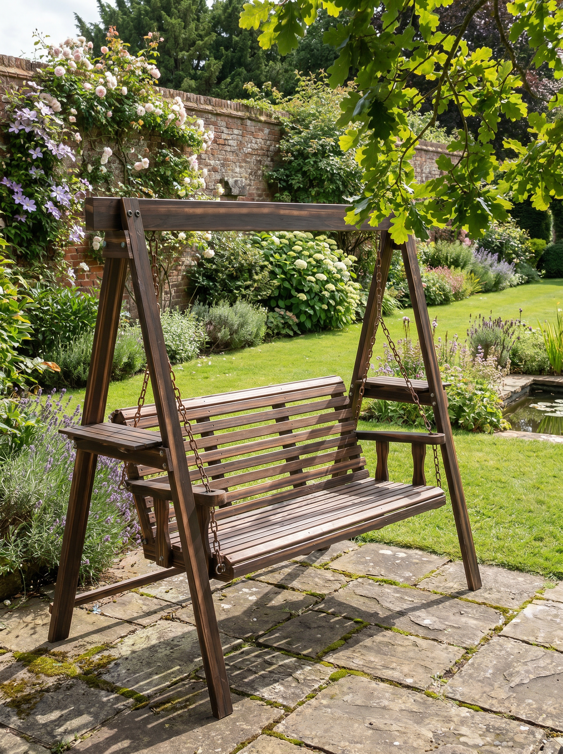 Three-Seater Wooden Swing Bench - Outdoor Garden Furniture - Natural Wood Finish