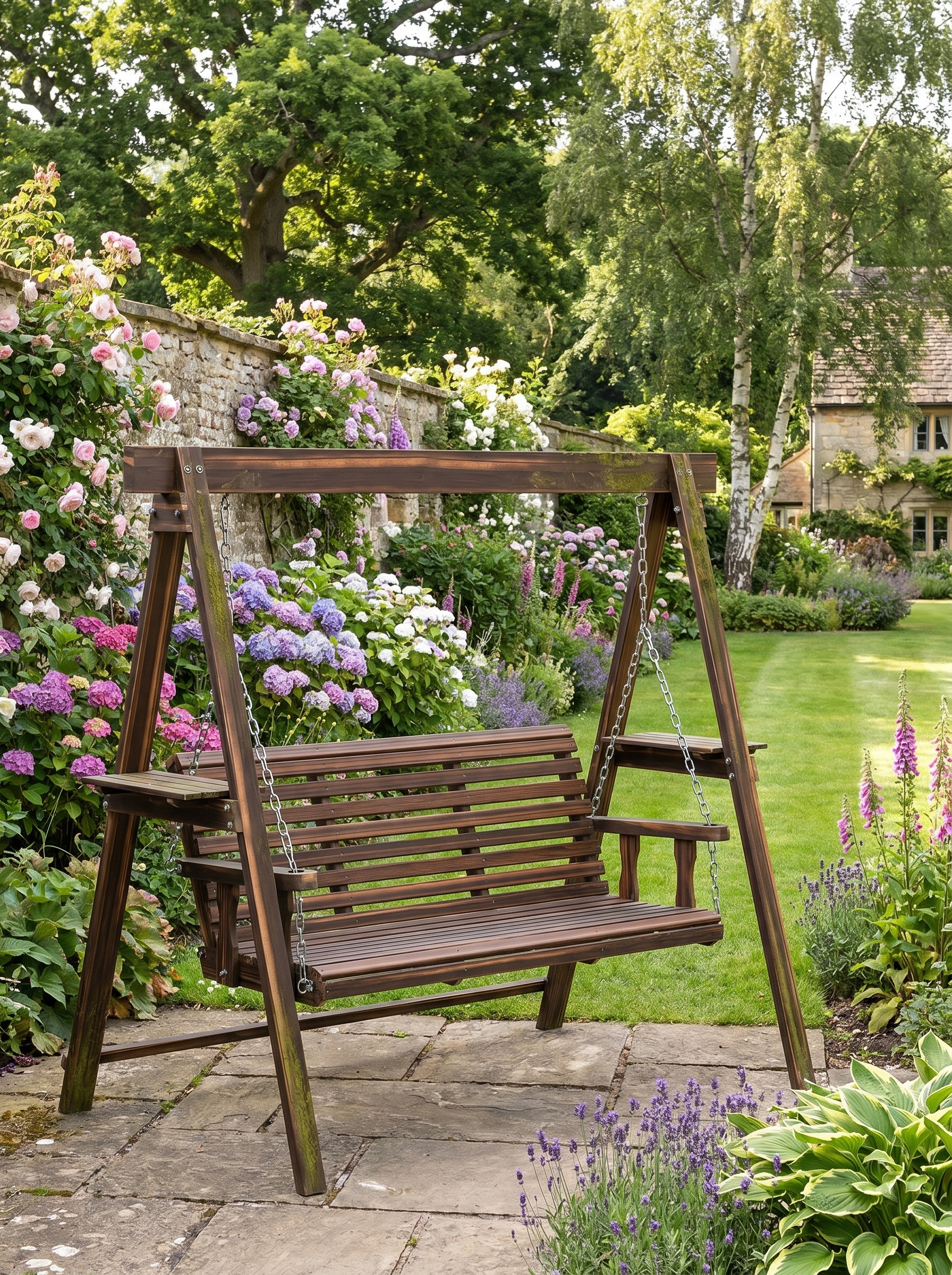 Three-Seater Wooden Swing Bench - Outdoor Garden Furniture - Natural Wood Finish
