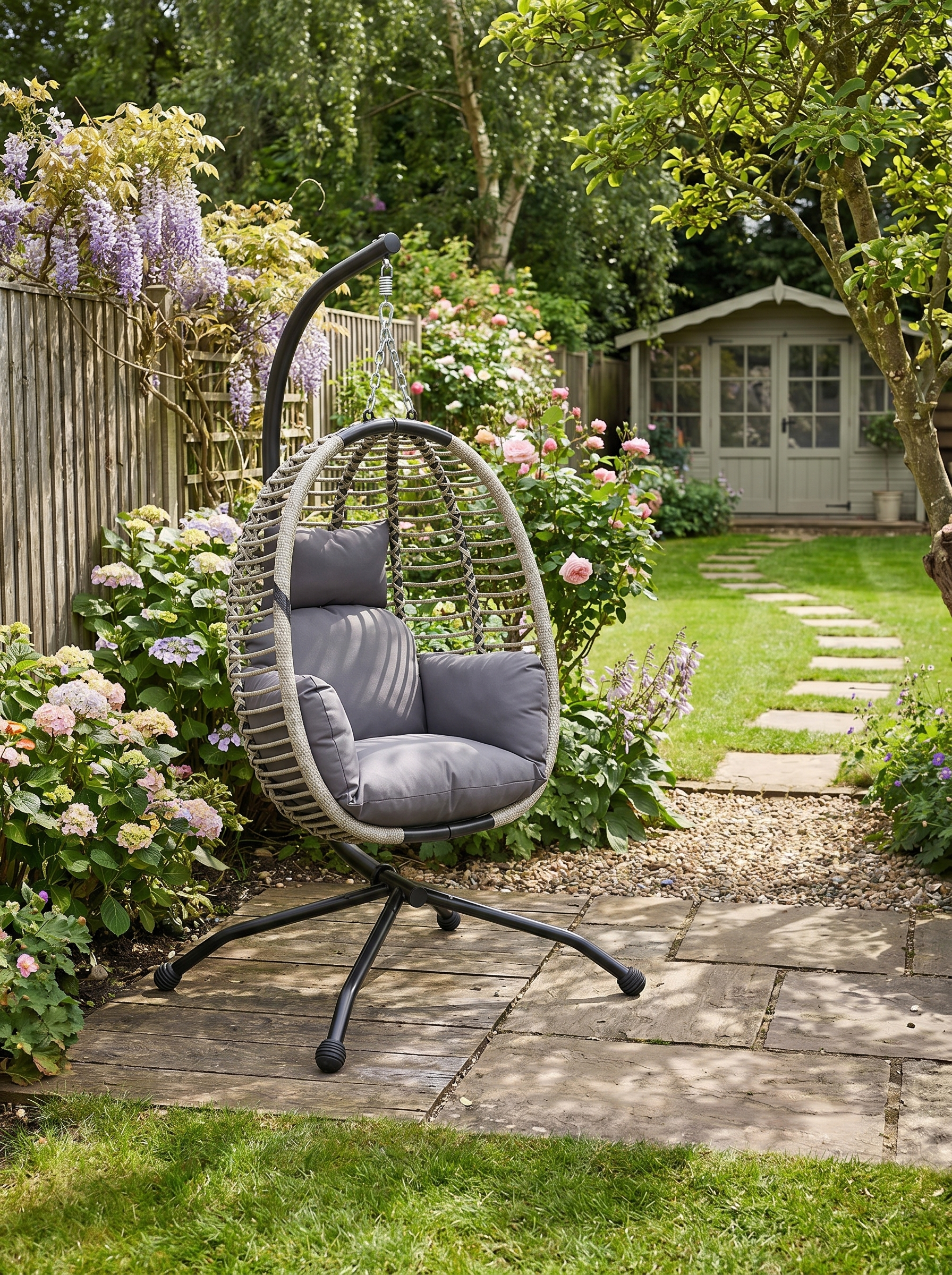 Outdoor Swing Chair - Dark Grey, Thick Padded Cushion, Foldable Metal Stand, Cup Holder, Indoor & Outdoor Use
