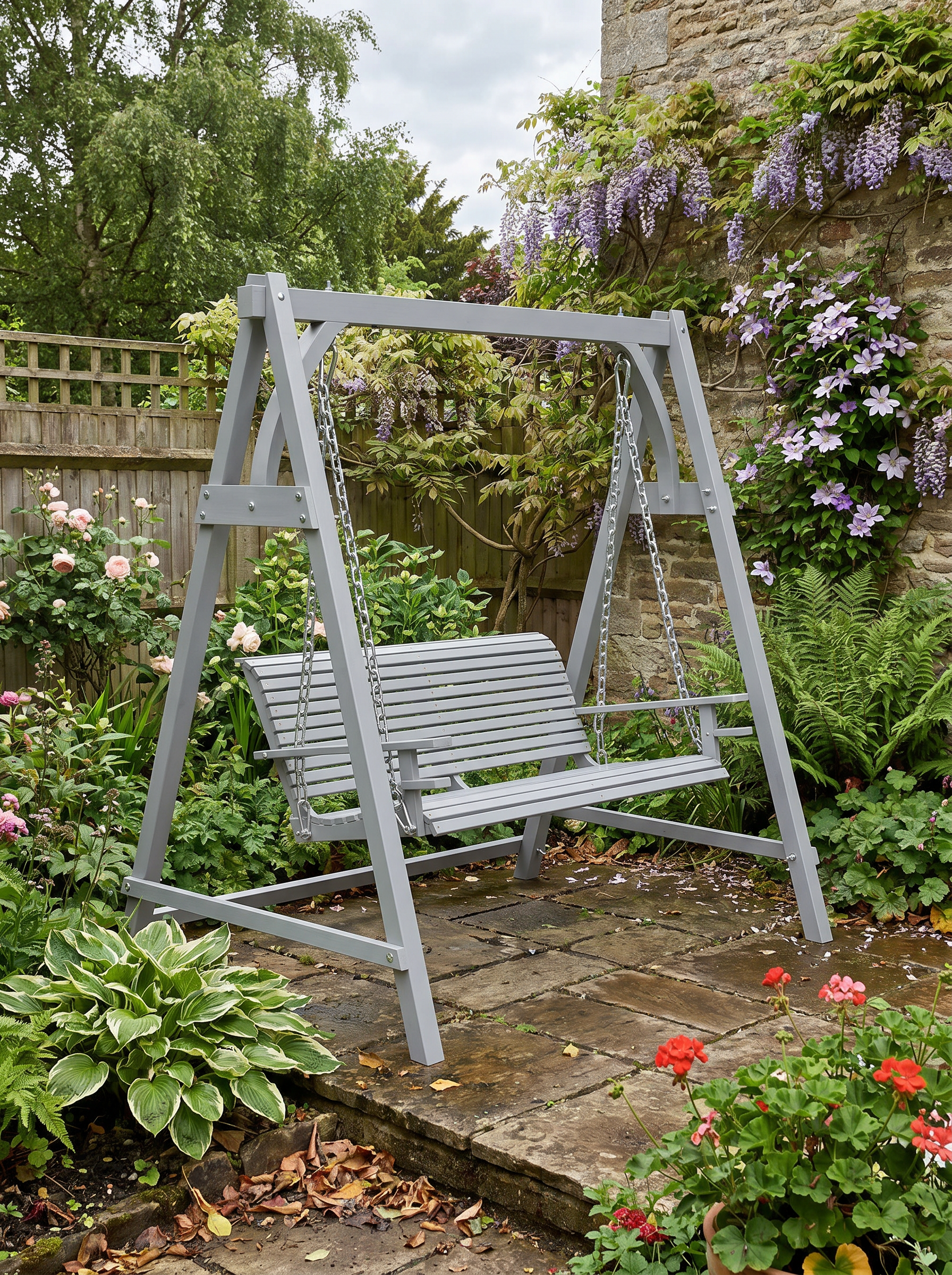 2 Seater Garden Swing Seat - Grey Larch Wood Hammock Bench Lounger