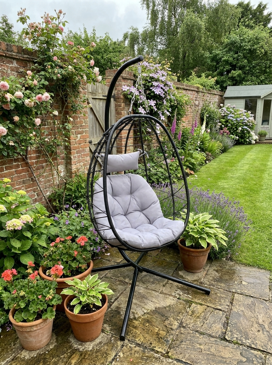 Hanging Egg Chair - Grey Outdoor Indoor Garden Swing Chair with Stand, Thickened Cushion & Headrest - Folding Basket for Patio & Balcony