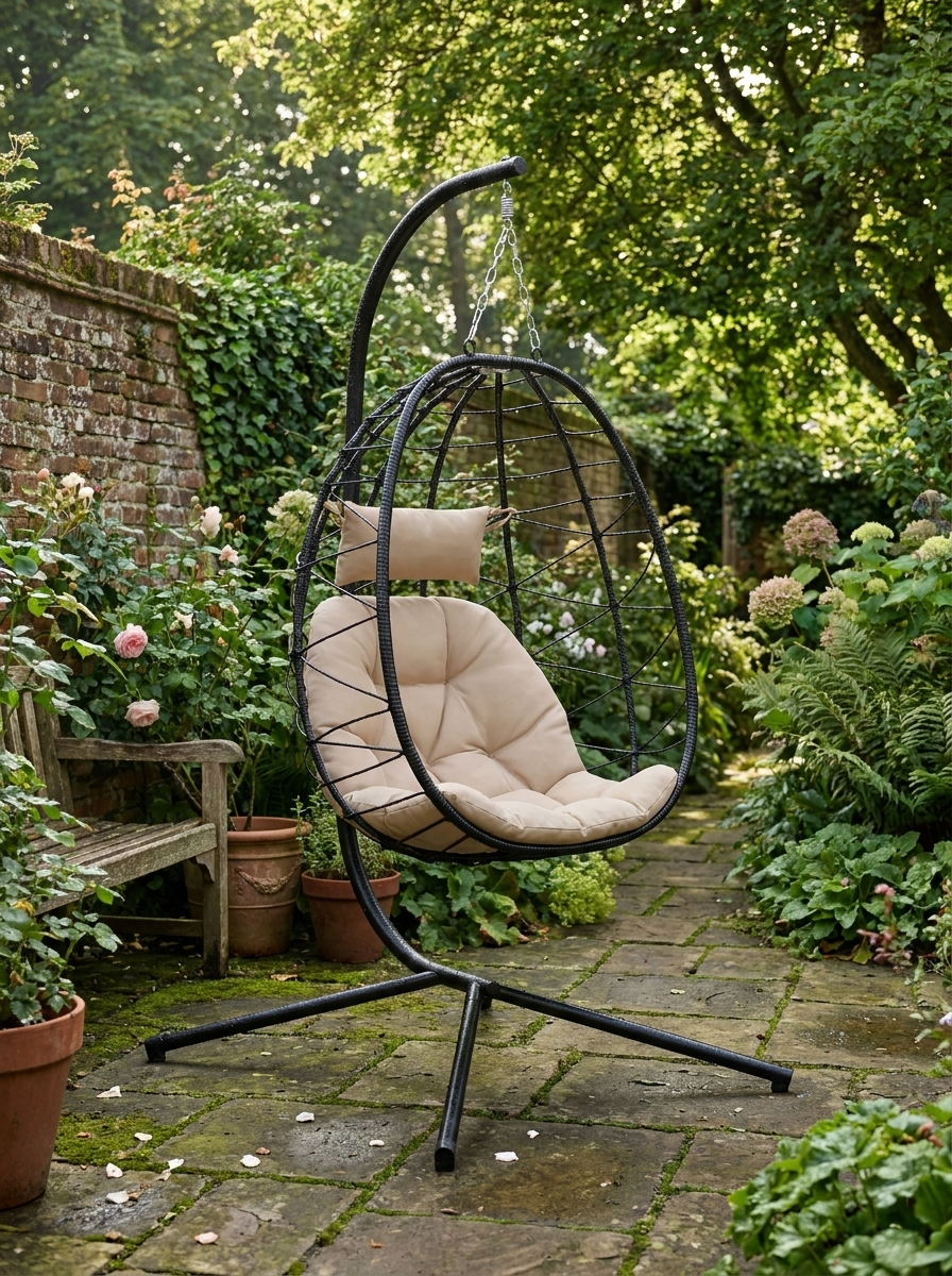 Hanging Egg Chair - Outdoor Indoor Garden Swing Chair with Folding Basket, Thickened Cushion, Headrest - Khaki - Perfect for Patio and Balcony