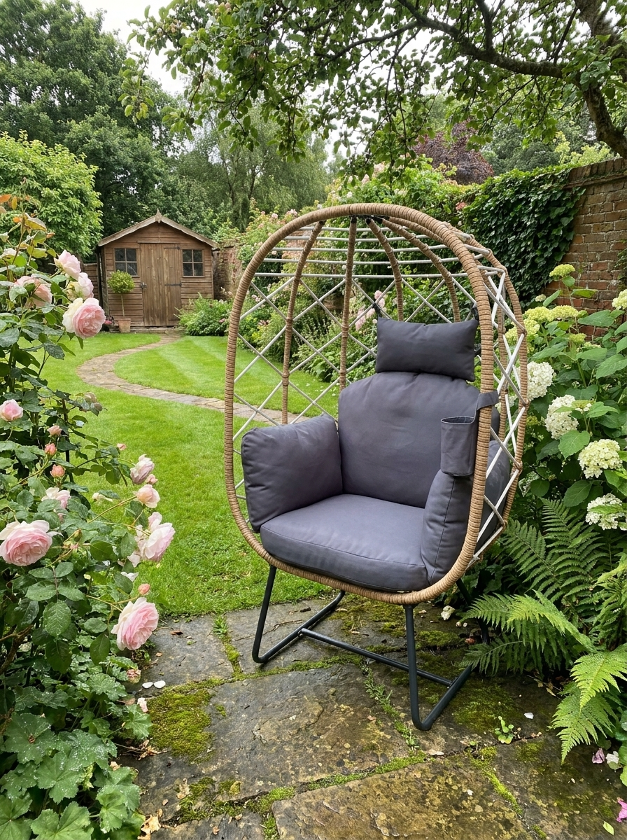 Brown Rattan Egg Chair - Outdoor Indoor Wicker Chair with Thick Cushion & Headrest, Metal Frame Garden Egg Chair with Cup Holder, Perfect for Patio & Balcony