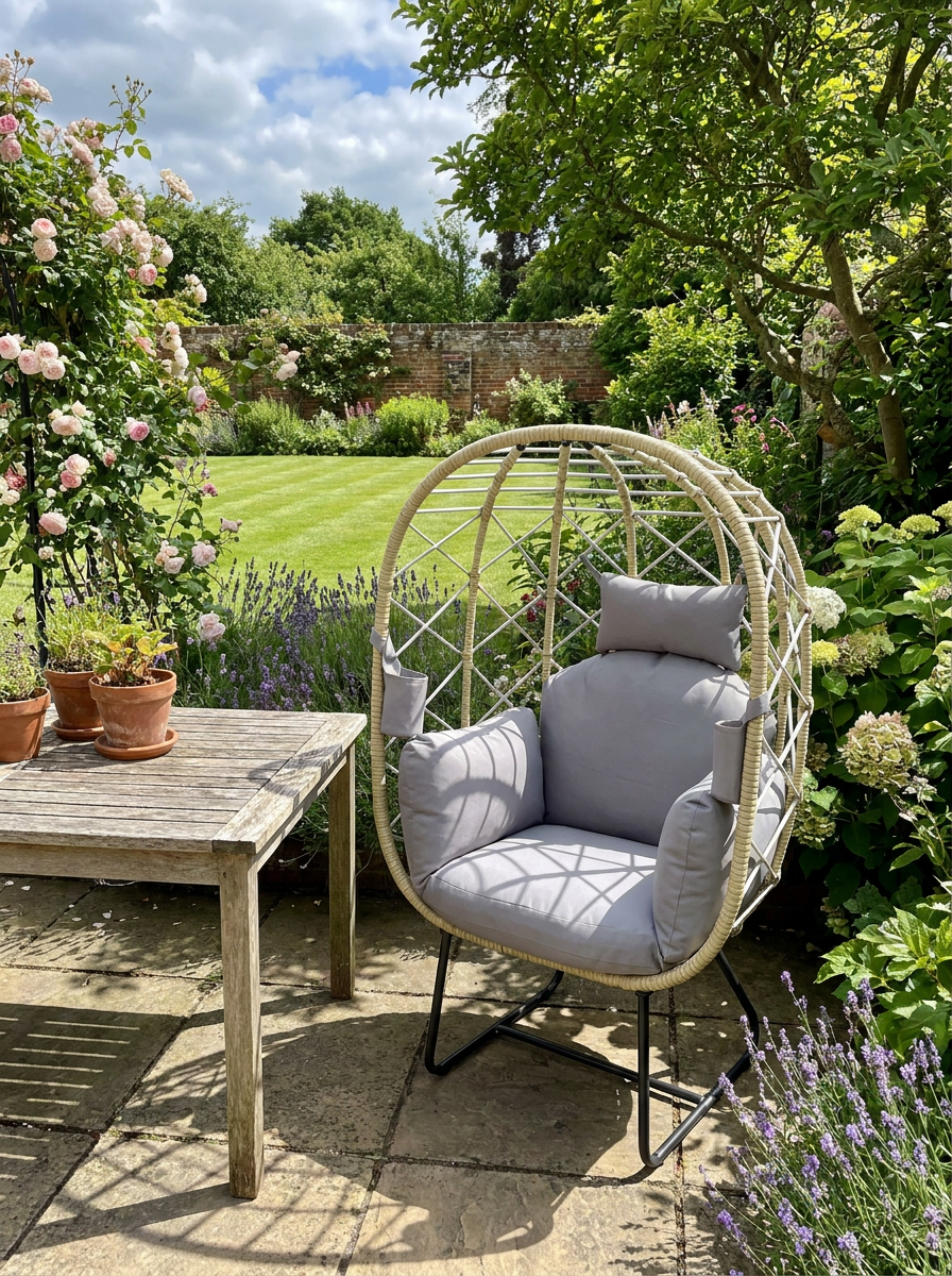 Grey Rattan Egg Chair - Outdoor Indoor Wicker Chair with Thick Cushion & Headrest