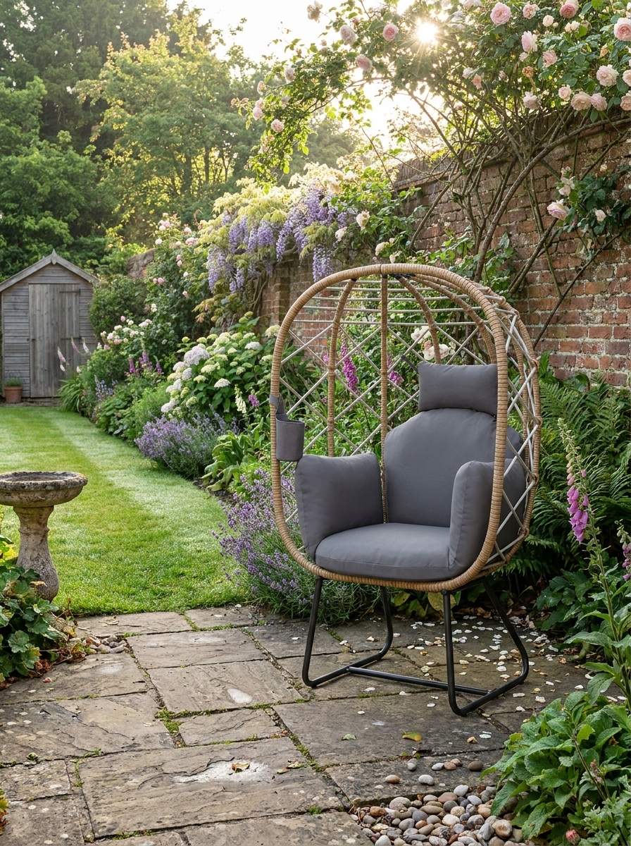 Brown Rattan Egg Chair - Outdoor Indoor Wicker Chair with Thick Cushion & Headrest, Metal Frame Garden Egg Chair with Cup Holder, Perfect for Patio & Balcony