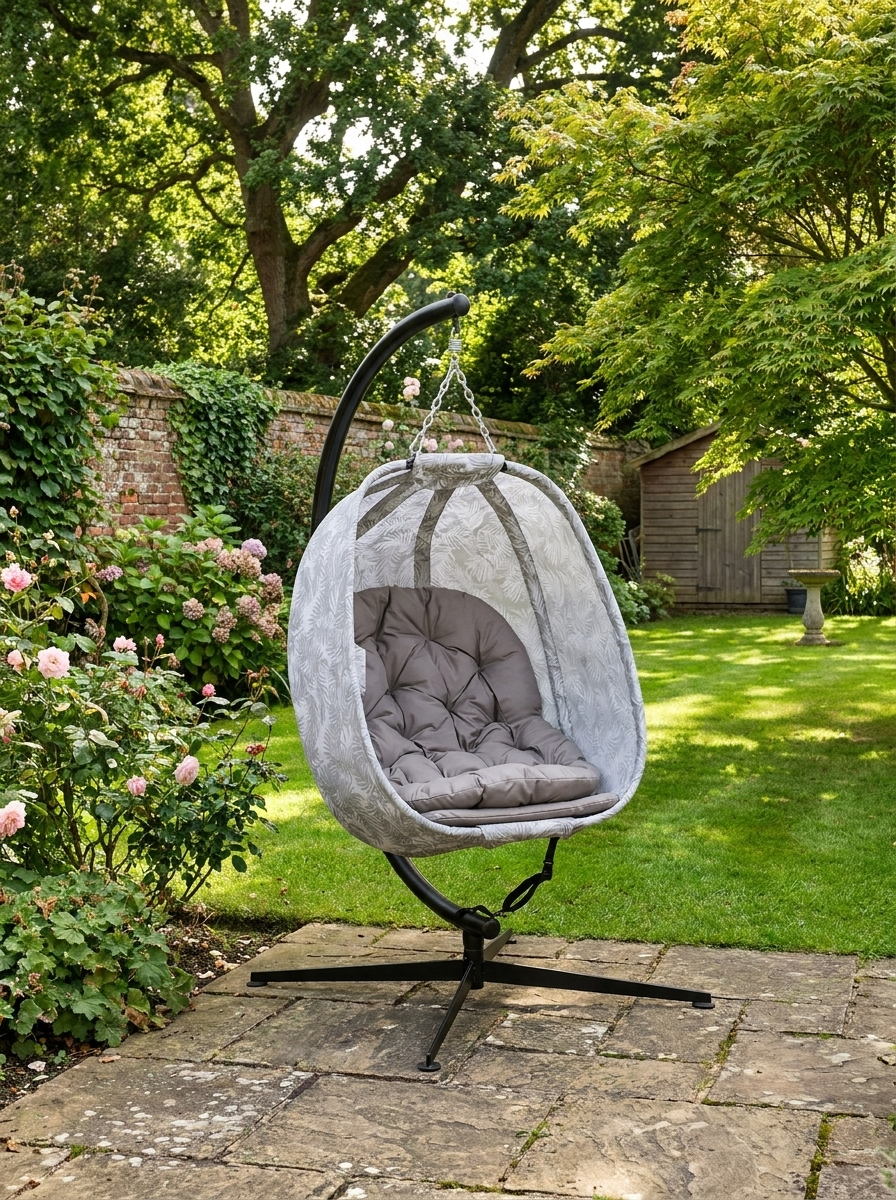 Hanging Egg Chair - Outdoor Indoor Garden Swing Chair with Folding Basket, Thickened Cushion, Cup Holder - Sand Brown