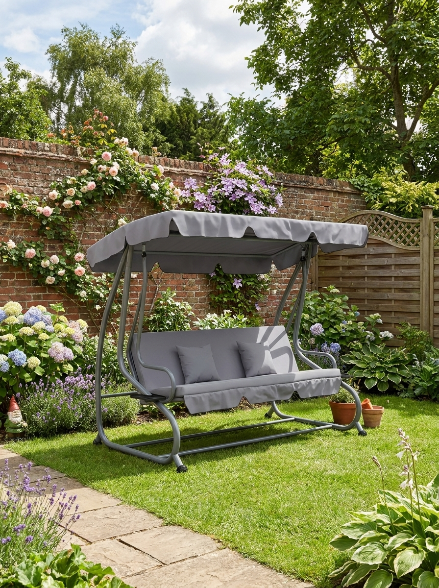 Three-Person Garden Swing Chair with Adjustable Canopy - Light Grey - Outdoor Patio Seating