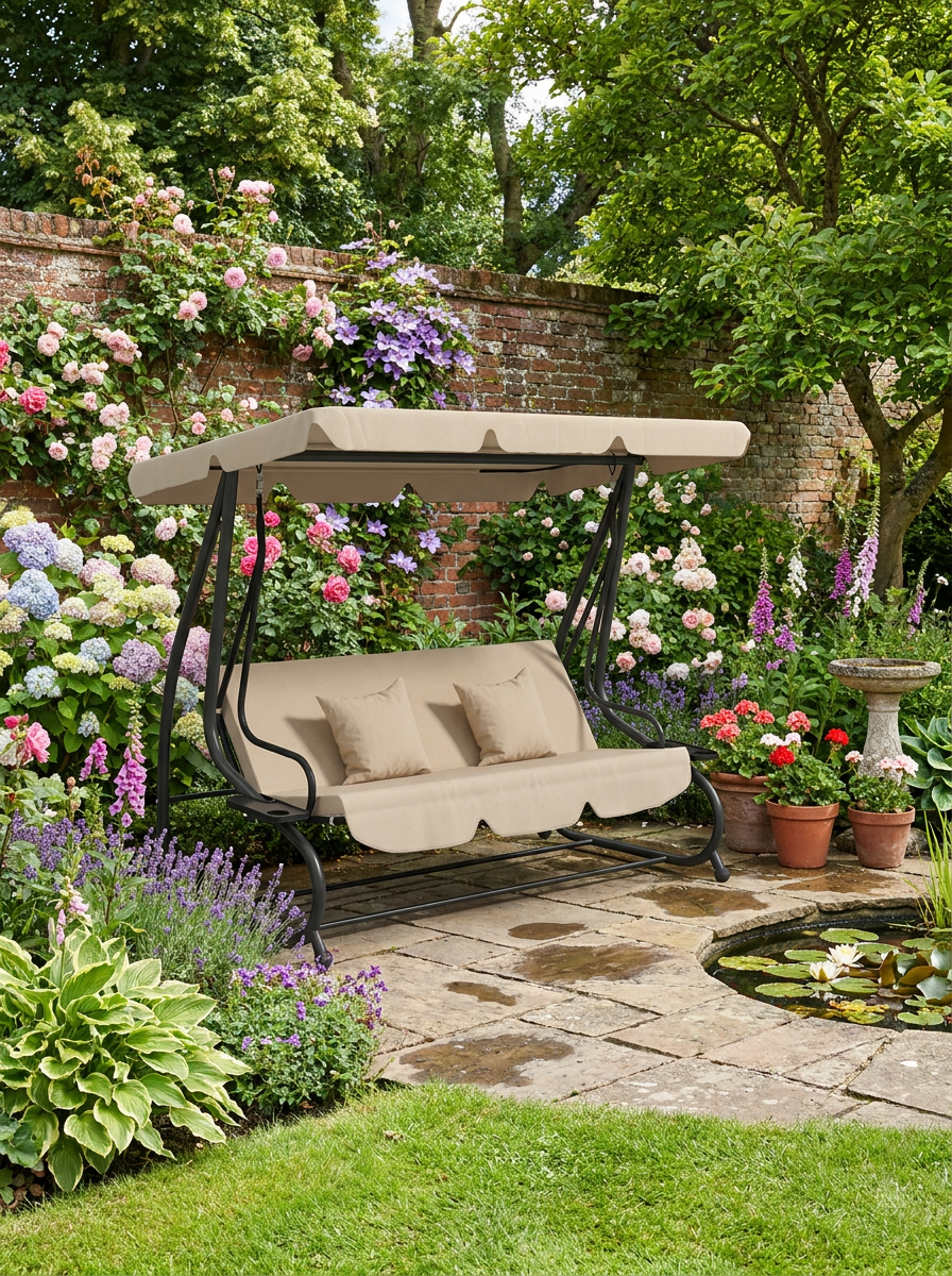Light Brown Three-Person Garden Swing Chair with Canopy