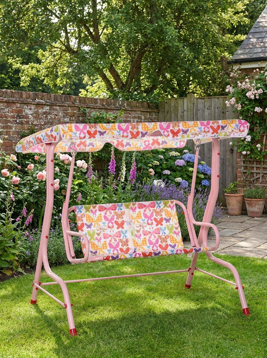 Kids Pink Garden Swing Chair with Adjustable Canopy