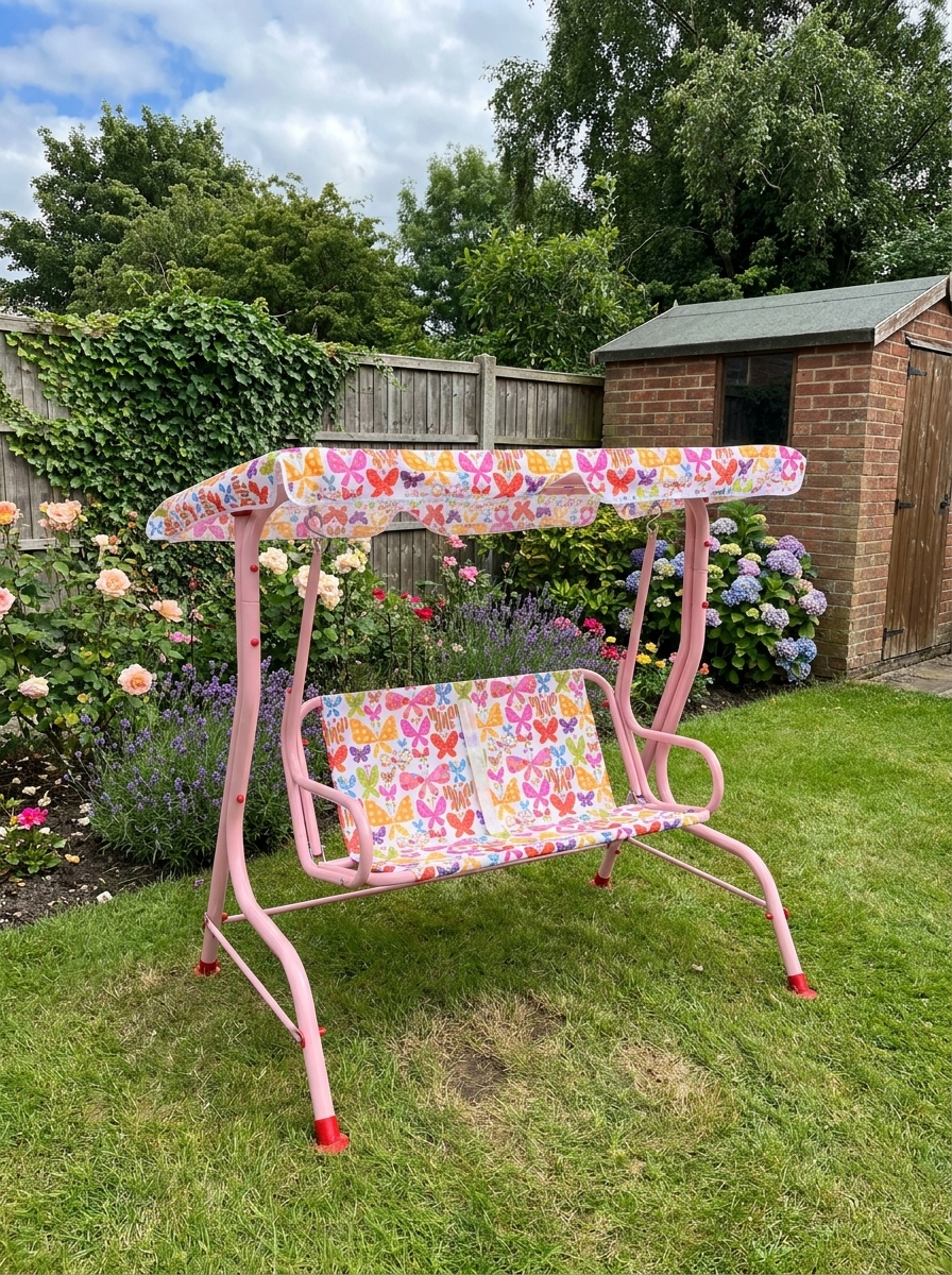 Kids Pink Garden Swing Chair with Adjustable Canopy