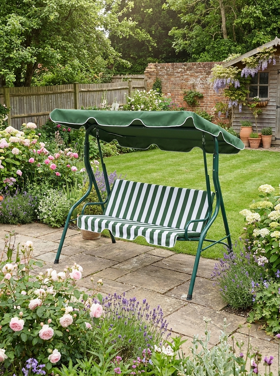 Green Striped 3-Seater Outdoor Swing Chair with Adjustable Canopy