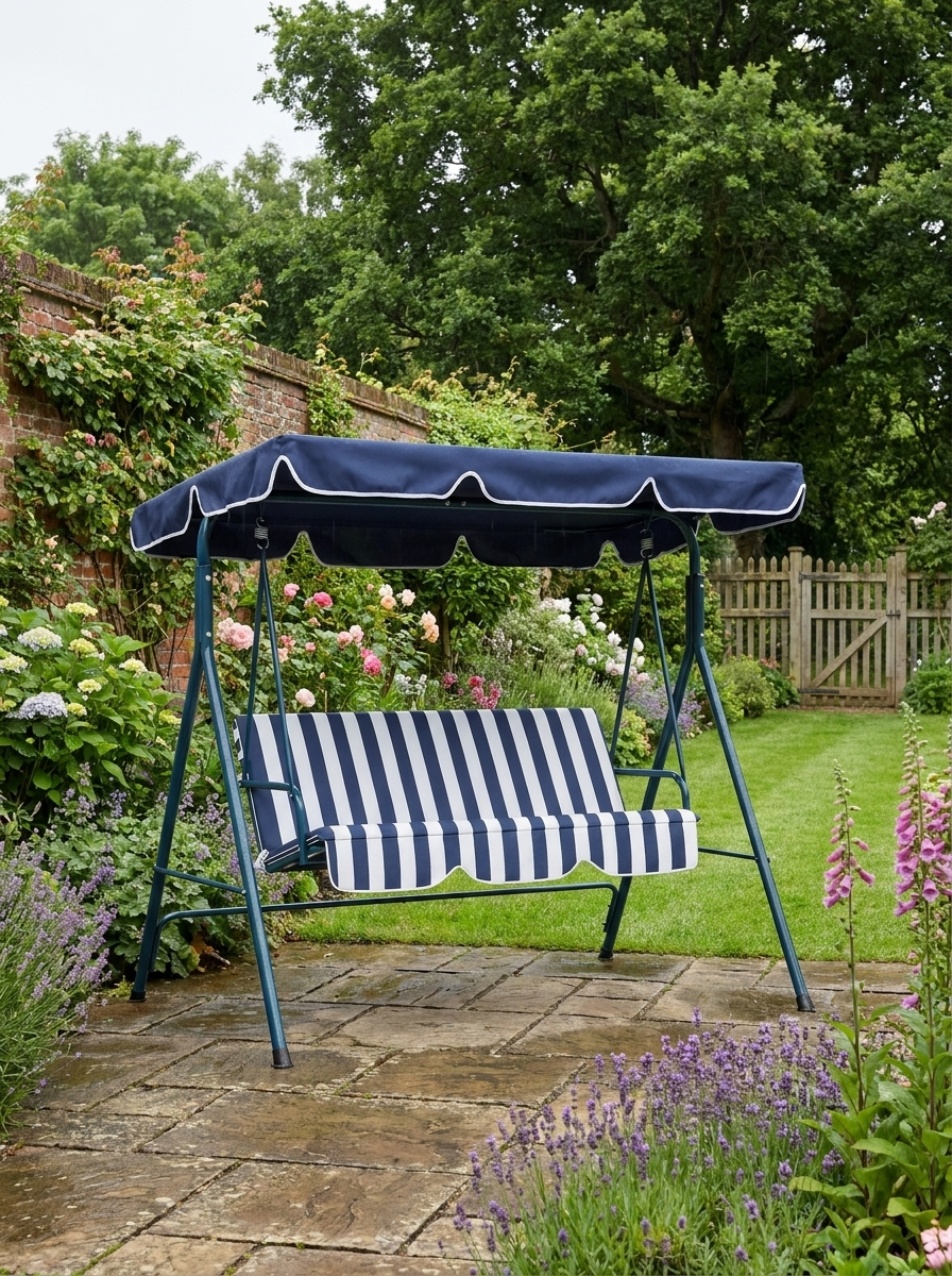 Blue 3-Seater Garden Swing Chair with Adjustable Canopy