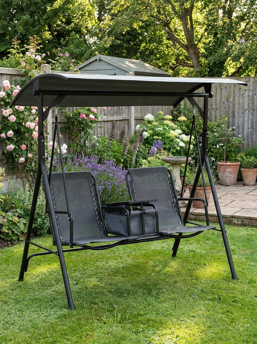 Grey 2-Seat Swing Chair with Adjustable Canopy and Middle Table