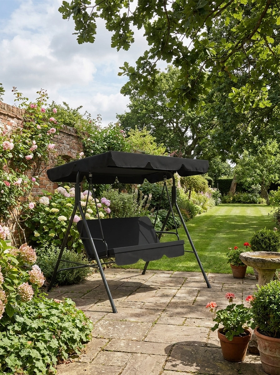 Black 3-Seater Canopy Swing Chair Rocking Bench for Garden Patio