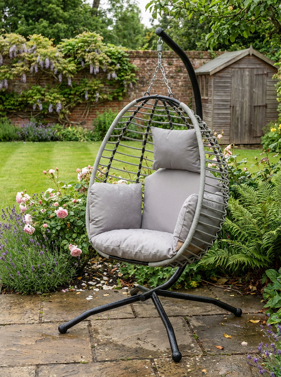 Grey Rattan Hanging Egg Chair with Seat Cushion