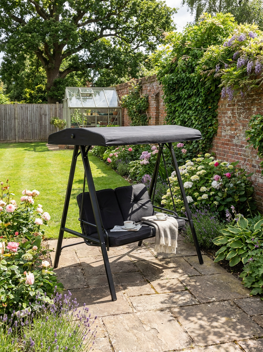 Black 2-Seater Garden Swing Bench with Adjustable Canopy