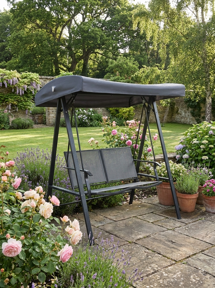 Dark Grey 2-Seater Outdoor Swing Chair with Adjustable Canopy