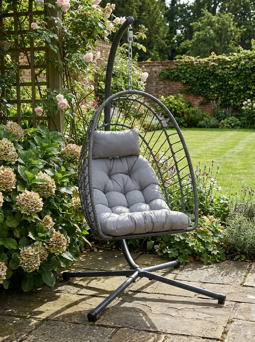 Light Grey Rattan Swing Chair with Cushion and Metal Stand