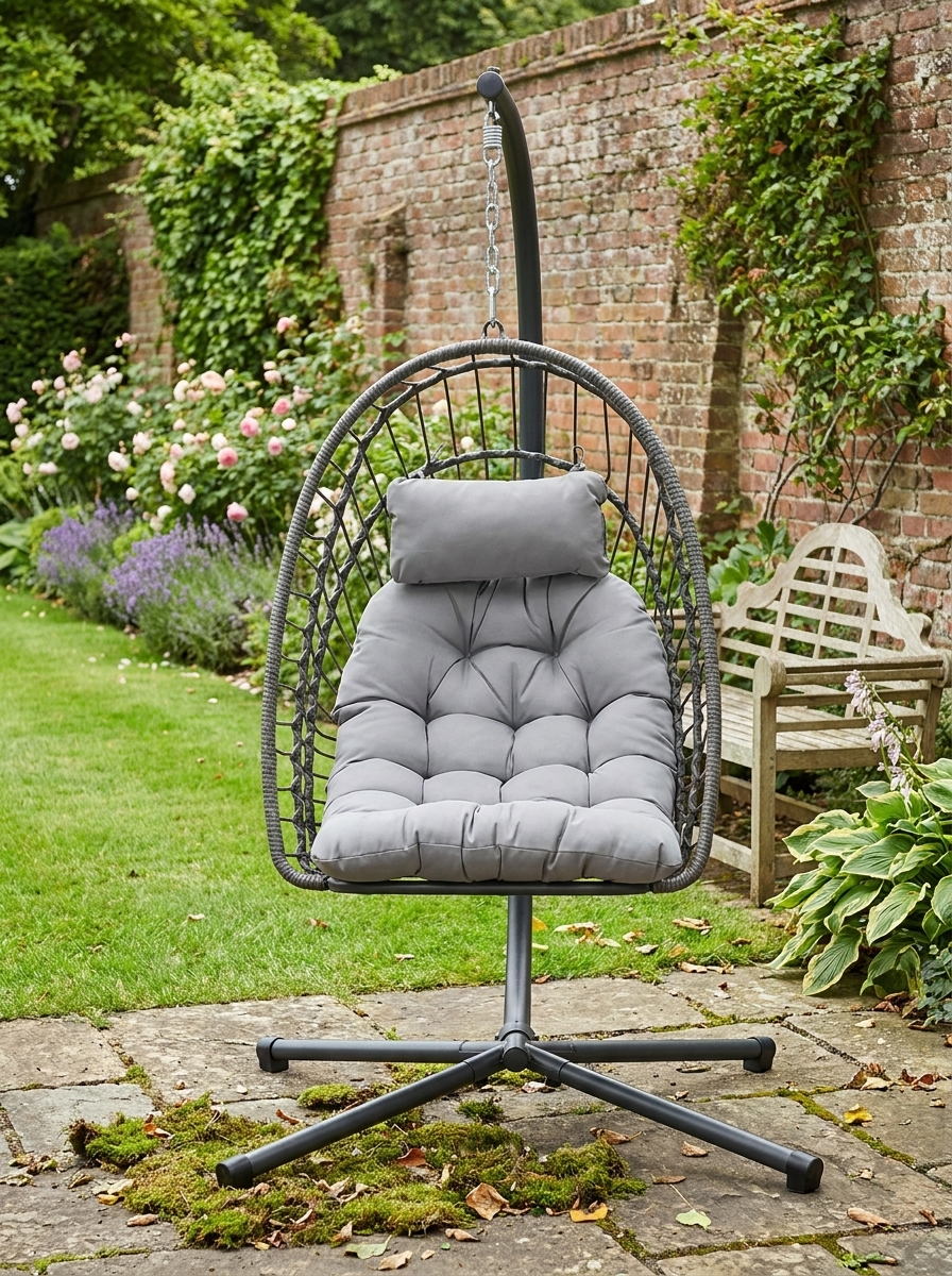 Light Grey Rattan Swing Chair with Cushion and Metal Stand