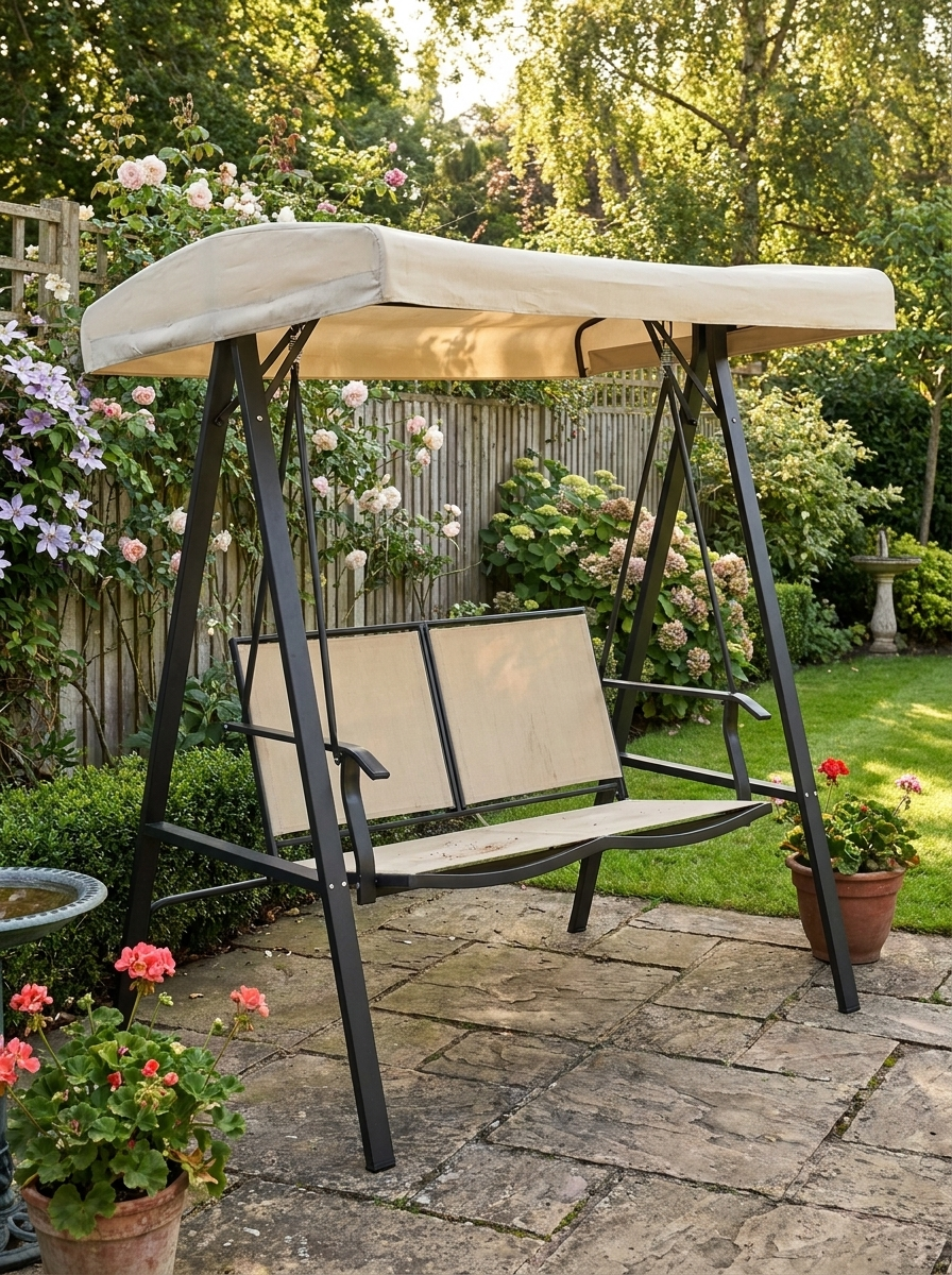 Beige 2 Seater Outdoor Swing Chair with Adjustable Canopy