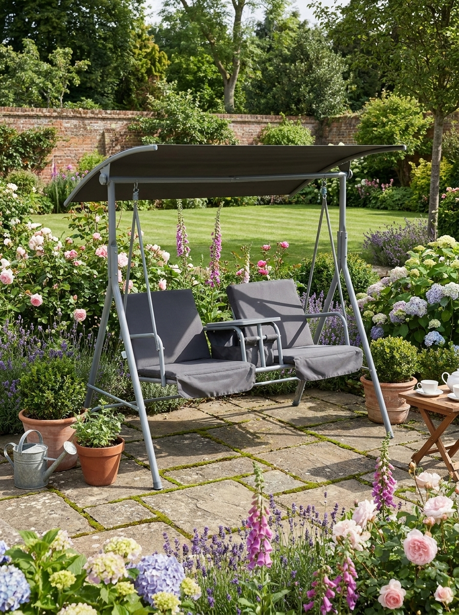 Grey Steel Frame 2-Seater Swing Chair with Table