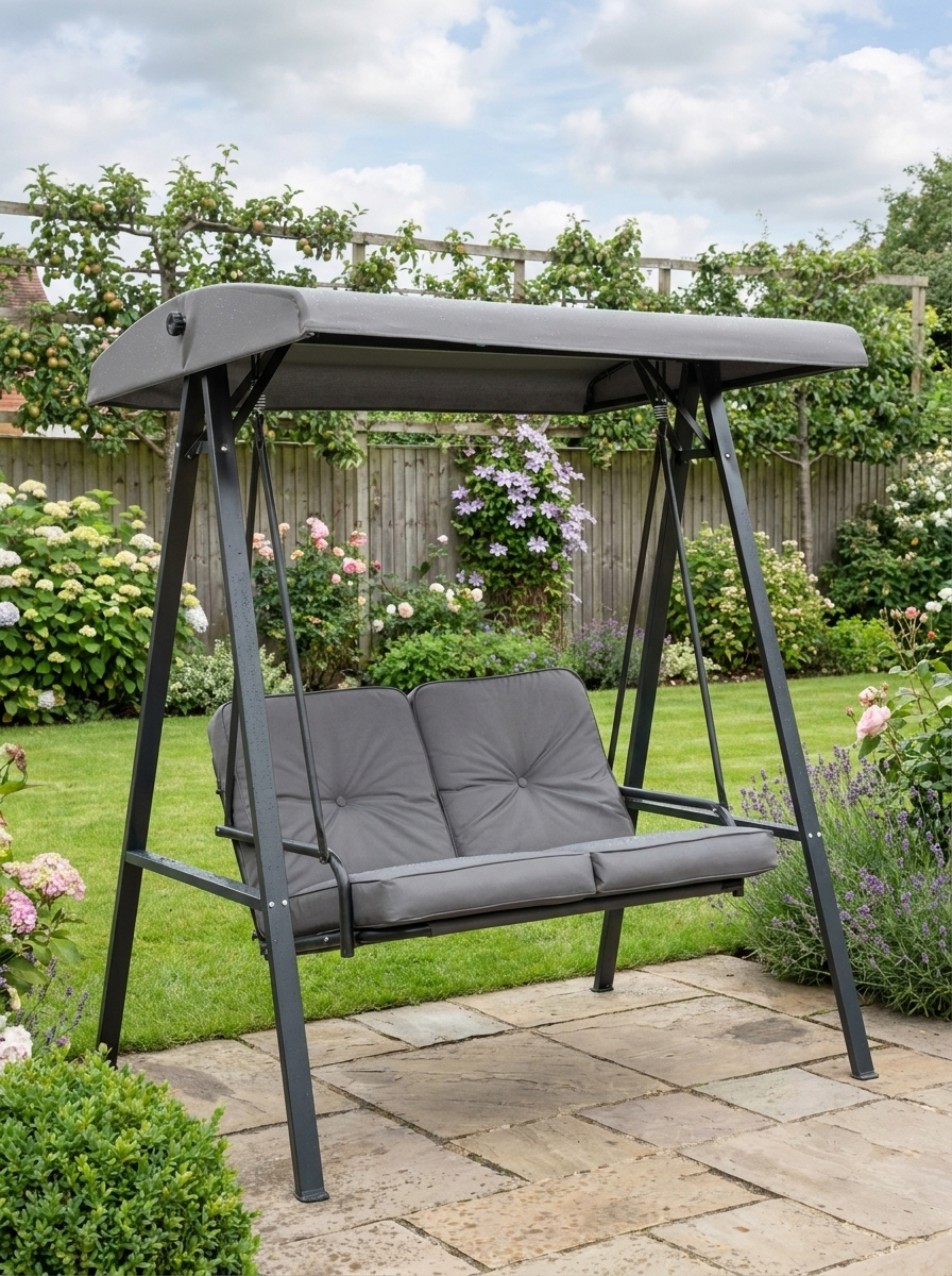 Grey 2-Seater Outdoor Swing Chair with Adjustable Canopy