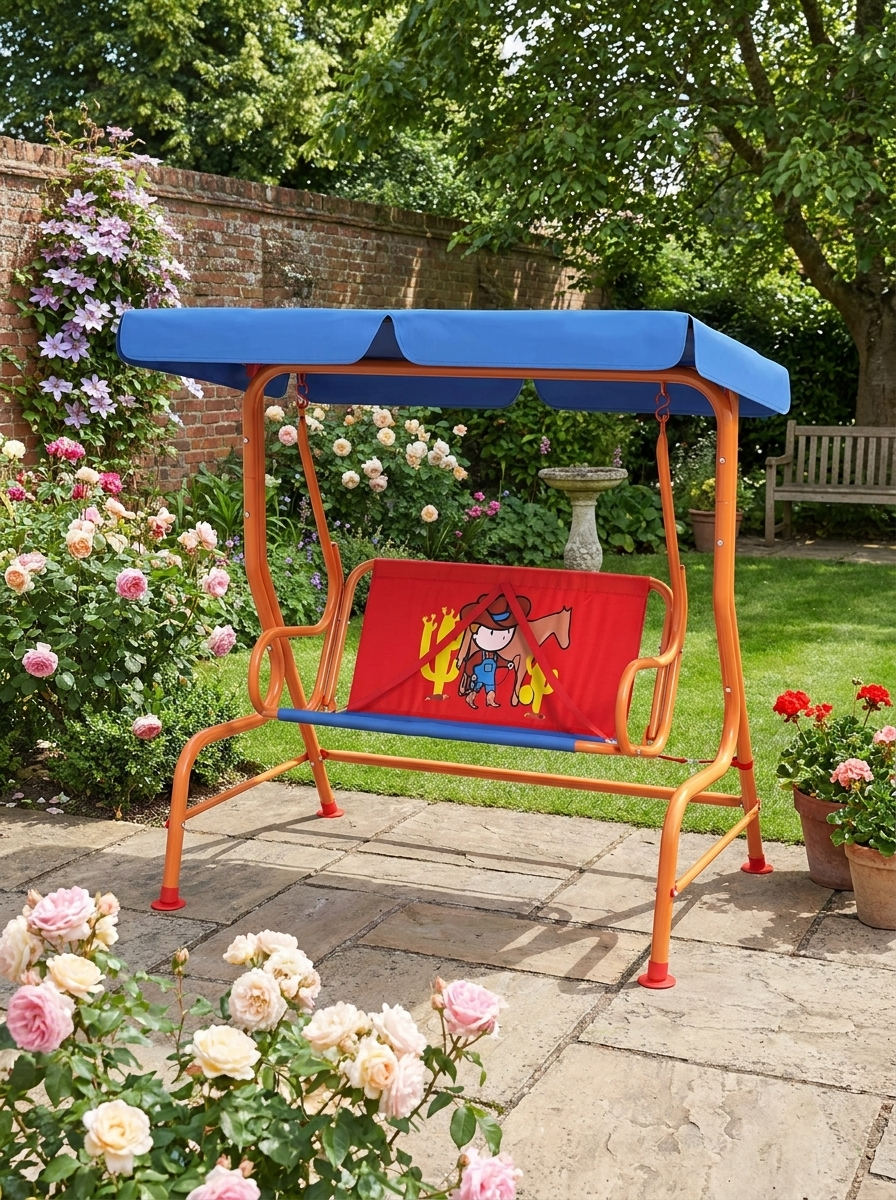 Kids Cowboy Themed Garden Swing Chair - Blue