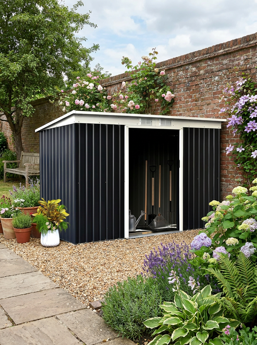 Black 9ft x 4ft Metal Garden Storage Shed With Foundation Kit, Ventilation and Double Doors