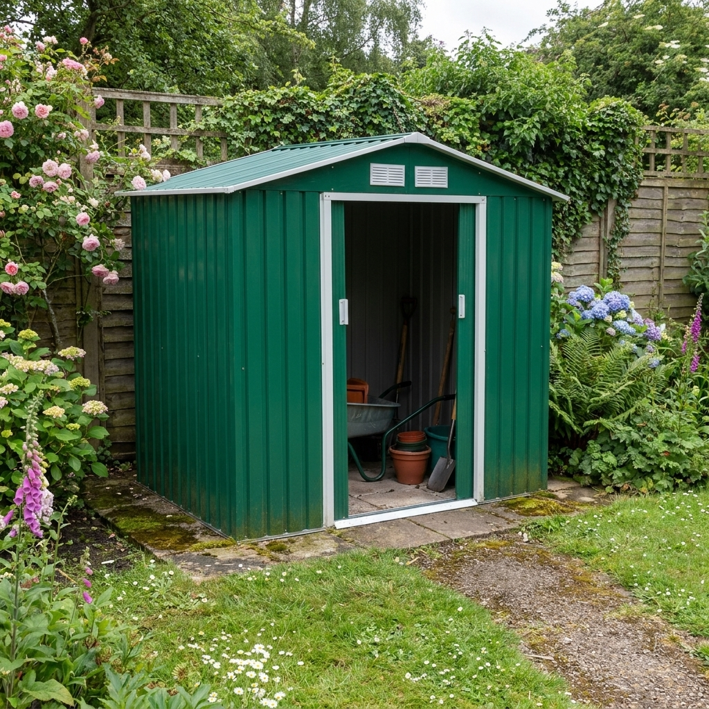 Green 7ft x 4ft Lockable Metal Shed with Ventilation Slots, Foundation Kit and Lockable Double Doors