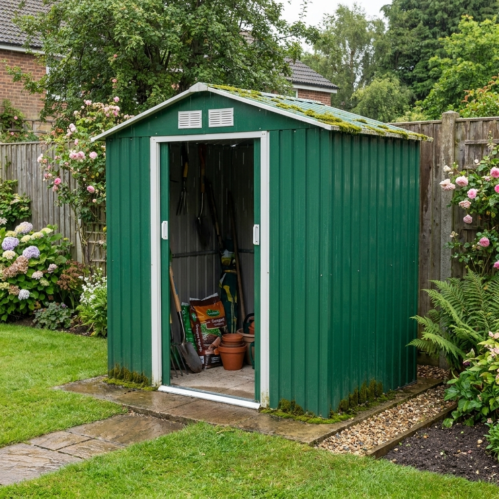 Green 7ft x 4ft Lockable Metal Shed with Ventilation Slots, Foundation Kit and Lockable Double Doors