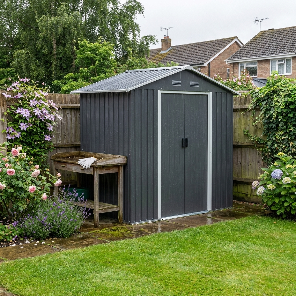 Dark Grey 6.5ft x 3.5ft Metal Garden Storage Shed With Double Sliding Doors and 4 Vents
