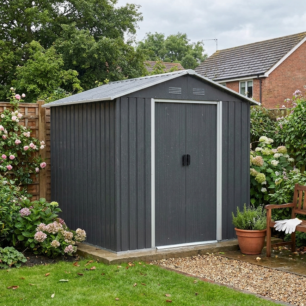 Dark Grey 6.5ft x 3.5ft Metal Garden Storage Shed With Double Sliding Doors and 4 Vents
