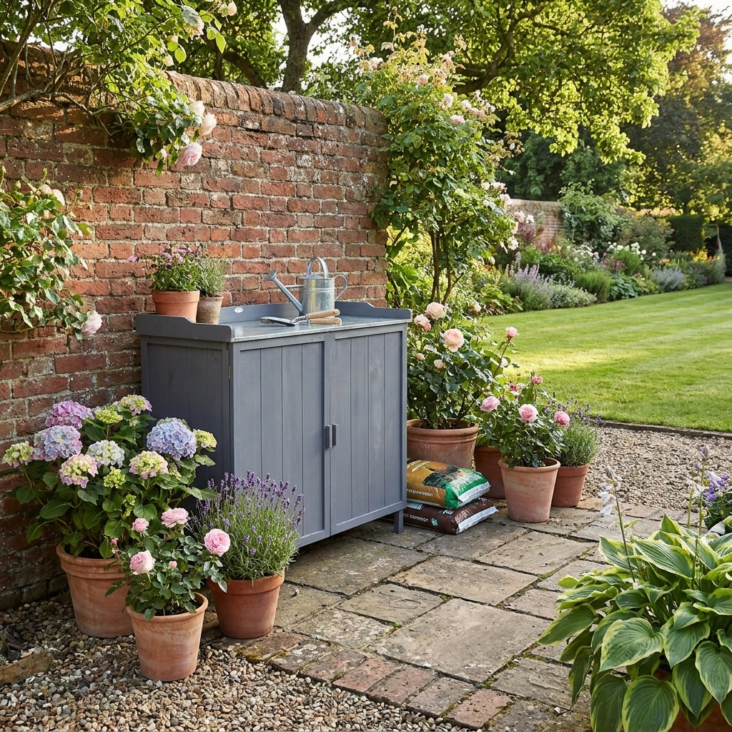 Grey Outdoor Garden Storage Cabinet with Galvanized Top and Shelves