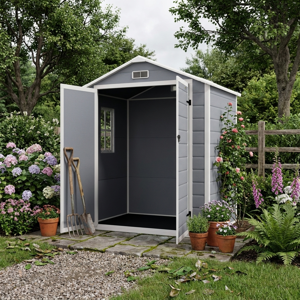 6ft x 4.5ft Grey Metal Shed - Lockable Garden Shed with Double Doors, Window, Vent and Plastic Roof