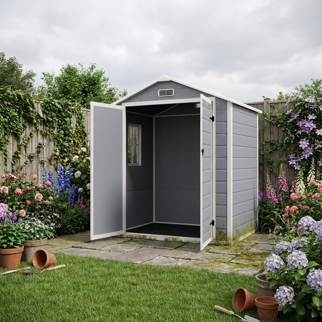 6ft x 4.5ft Grey Metal Shed - Lockable Garden Shed with Double Doors, Window, Vent and Plastic Roof